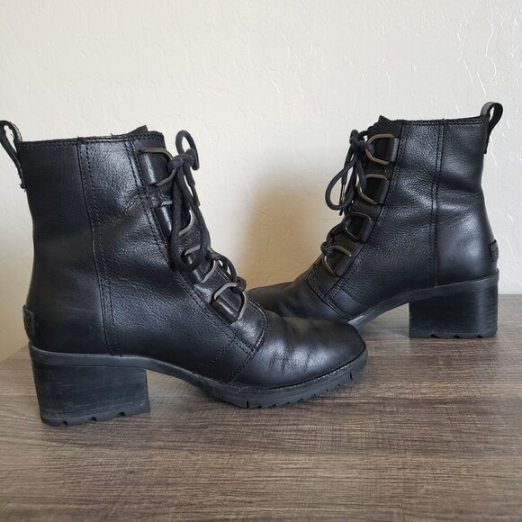 Sorel Cate Waterproof Leather Lace-Up Block Heel Ankle Boots Black 7 Biker Moto - Picture 5 of 12
